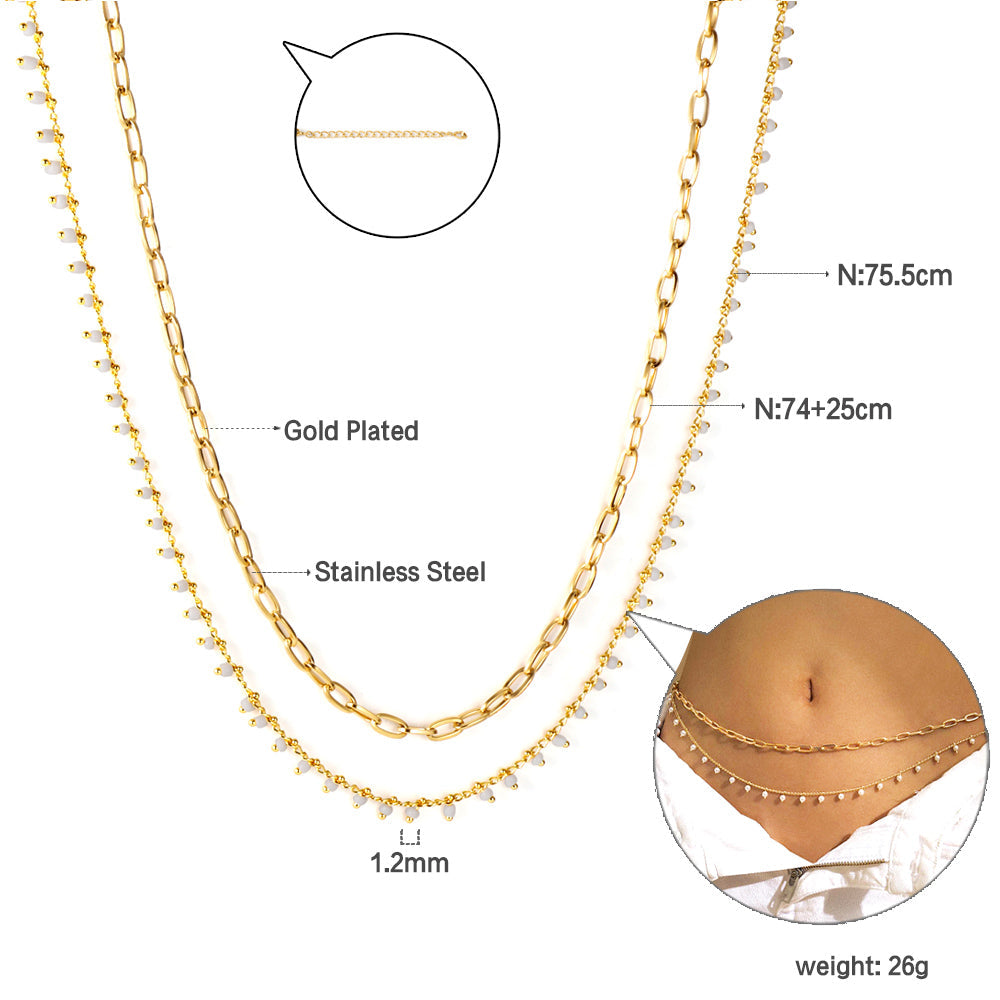 White Bead Chain + Matching Chain Double Waist Chain 75+74+25cm
