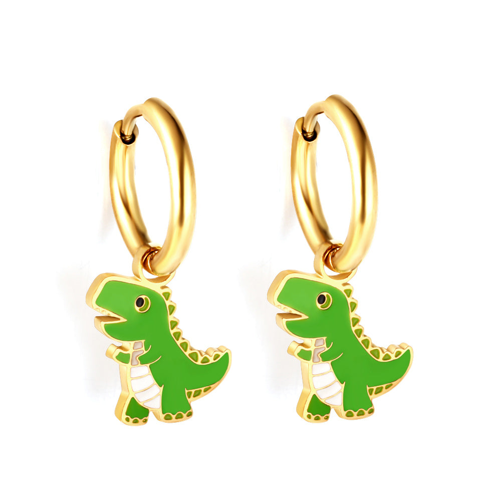 Stainless Steel 18k Gold Plated Dinosaur enamel Earrings kids girls jewelry