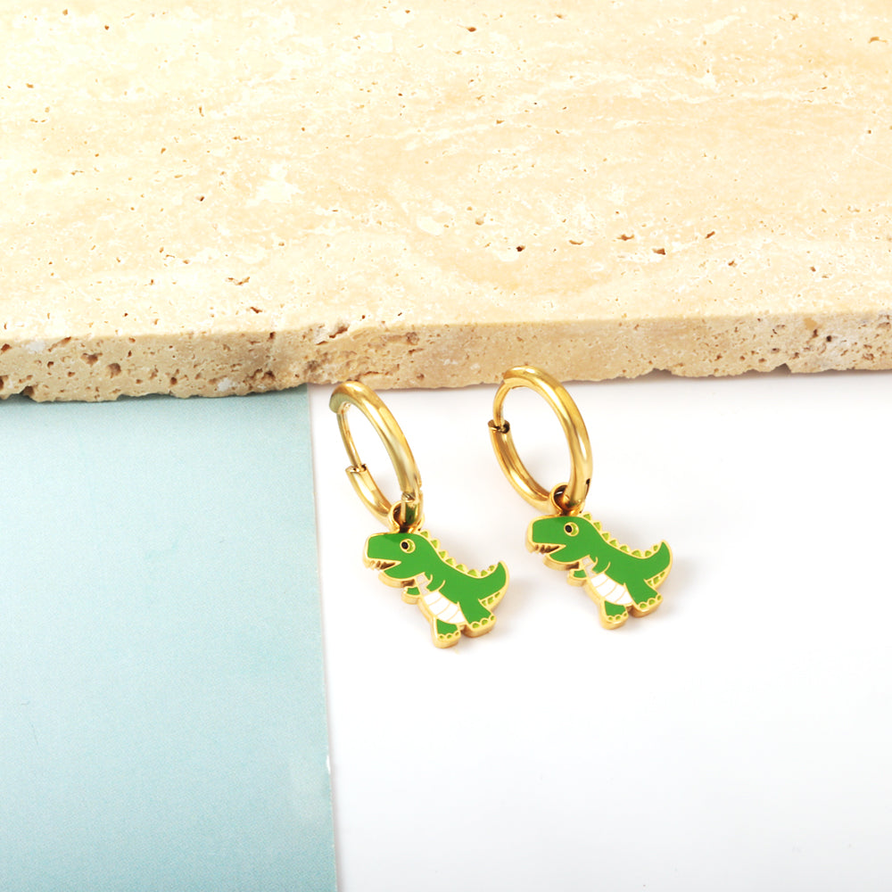Stainless Steel 18k Gold Plated Dinosaur enamel Earrings kids girls jewelry