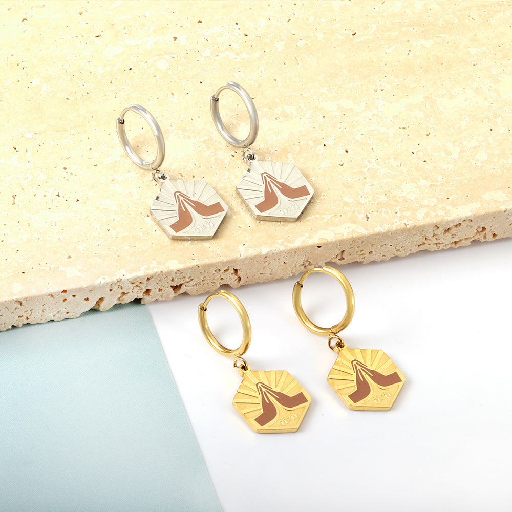 Stainless Steel Circle with Champagne Hexagonal Double Palms Earrings