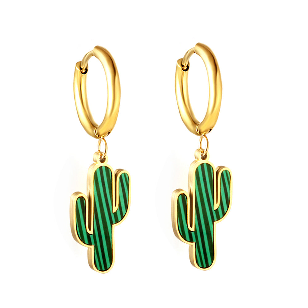 girls jewelry Stainless Steel 18k Gold Plated Green Cactus Kids Earrings