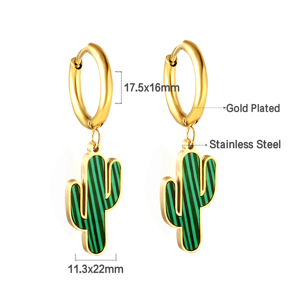 girls jewelry Stainless Steel 18k Gold Plated Green Cactus Kids Earrings