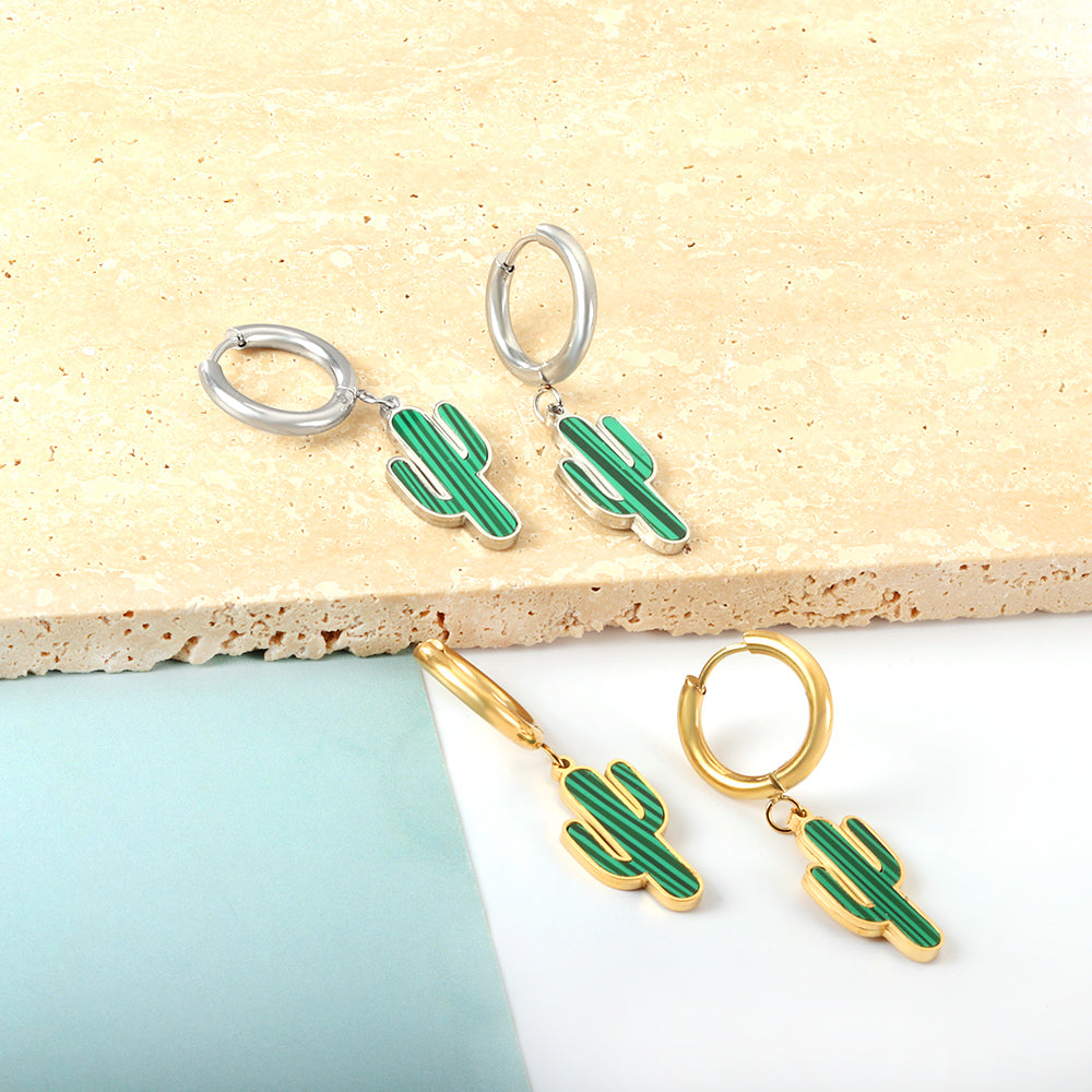 girls jewelry Stainless Steel 18k Gold Plated Green Cactus Kids Earrings