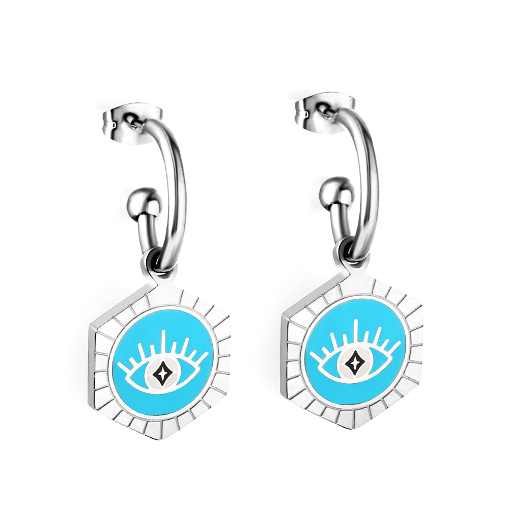 Stainless Steel Half Circle Steel Ball with Hexagon Blue Eyes girls jewelry Kids Earrings