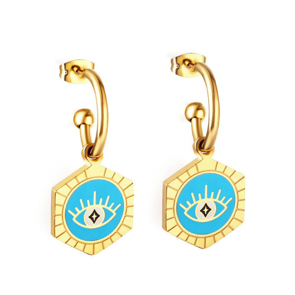 Stainless Steel Half Circle Steel Ball with Hexagon Blue Eyes girls jewelry Kids Earrings
