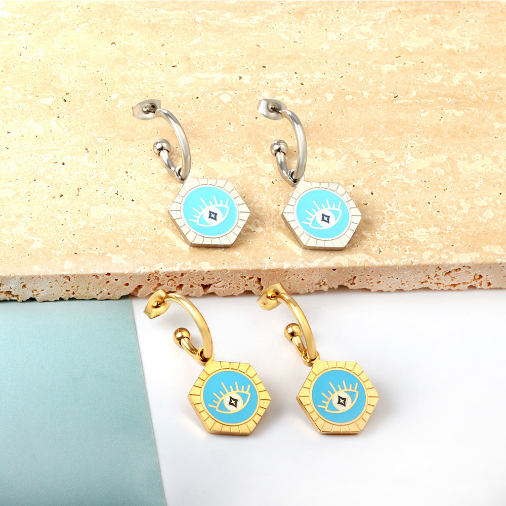 Stainless Steel Half Circle Steel Ball with Hexagon Blue Eyes girls jewelry Kids Earrings