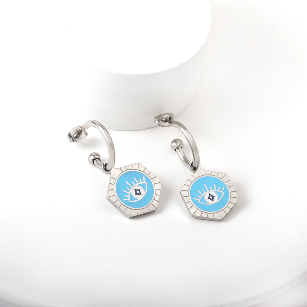 Stainless Steel Half Circle Steel Ball with Hexagon Blue Eyes girls jewelry Kids Earrings