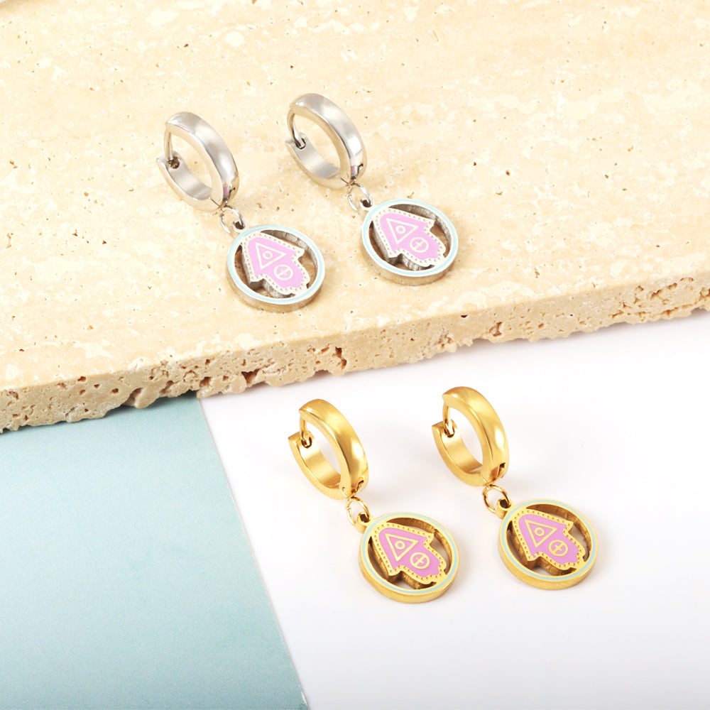 Enamel Kids Stainless Steel Pink Round Arrow Hoop Earrings girl jewelry