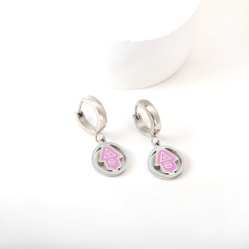 Enamel Kids Stainless Steel Pink Round Arrow Hoop Earrings girl jewelry