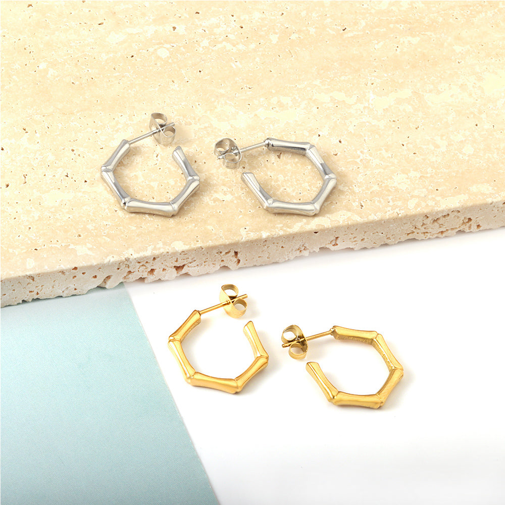 Stainless Steel Hexagon Bamboo C Hoop Enamel Girls Kids Earrings