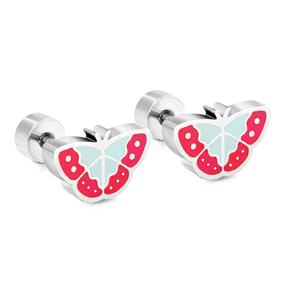 Stainless Steel Plug Mixed Color Butterfly Stud Enamel Girls Kids Earrings