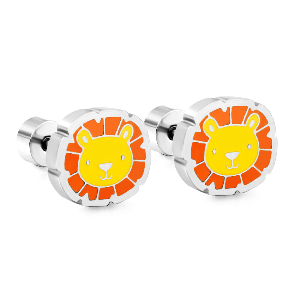 Stainless Steel 18k Gold Plated Lion Spiral Stud Enamel Girls Kids Earrings