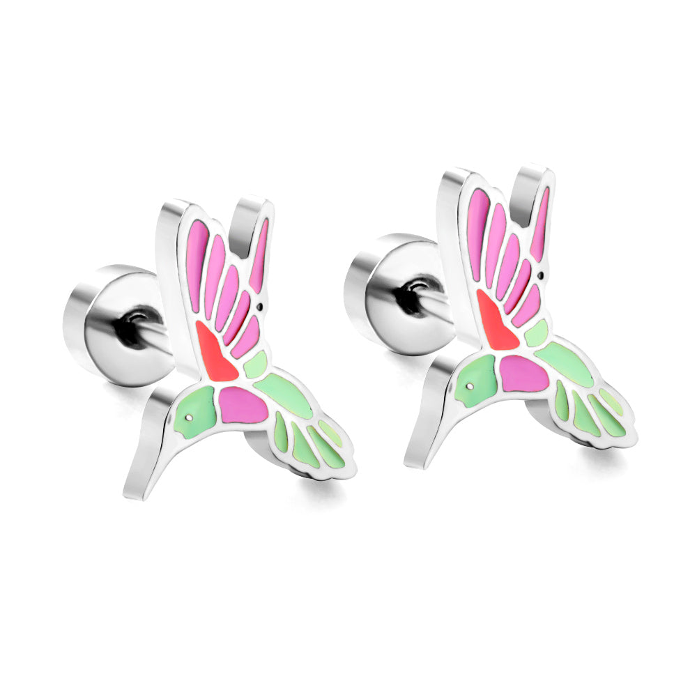 Stainless Steel Plug Mixed Color Woodpecker Stud Enamel Girls Kids Earrings