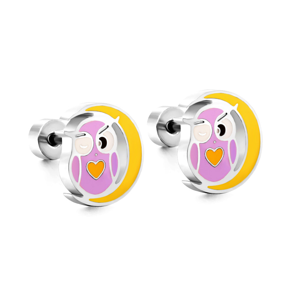 Hypoallergenic Stainless Steel Owl Spiral Stud enamel kids Earrings girls jewelry