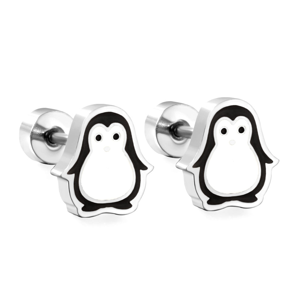Stainless Steel Plug Mixed Color Penguin Stud Enamel Girls Kids Earrings