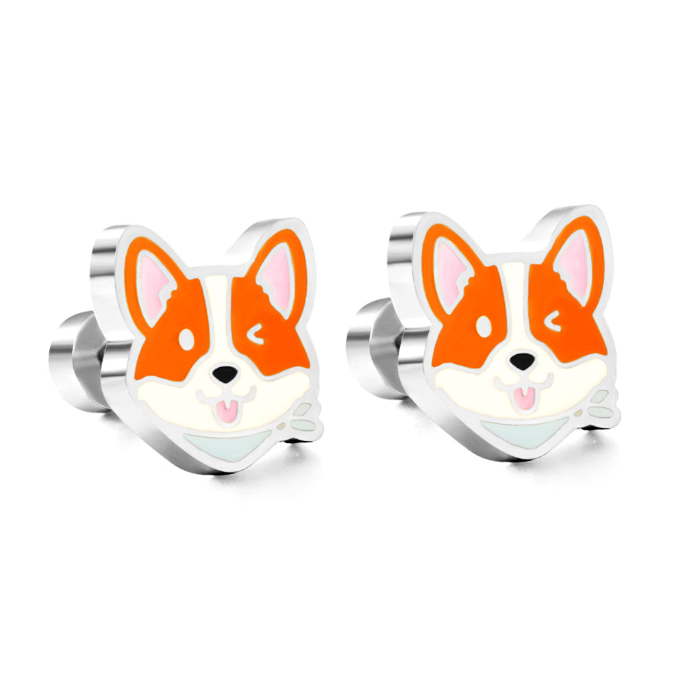 Stainless Steel Plug Mixed Color Dog Head Stud Enamel Girls Kids Earrings
