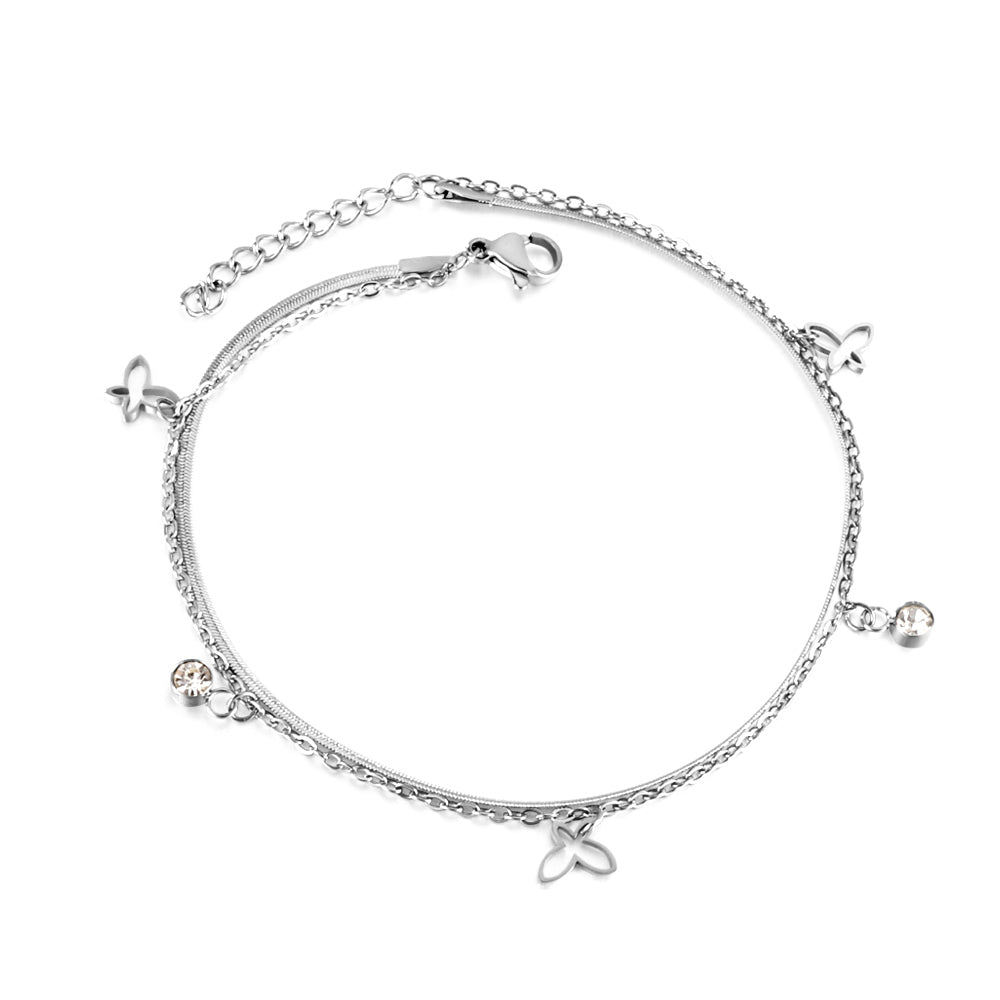 Stainless Steel 3 Hollow Butterflies + 2 White Diamond Accessories + Chain Double Anklet