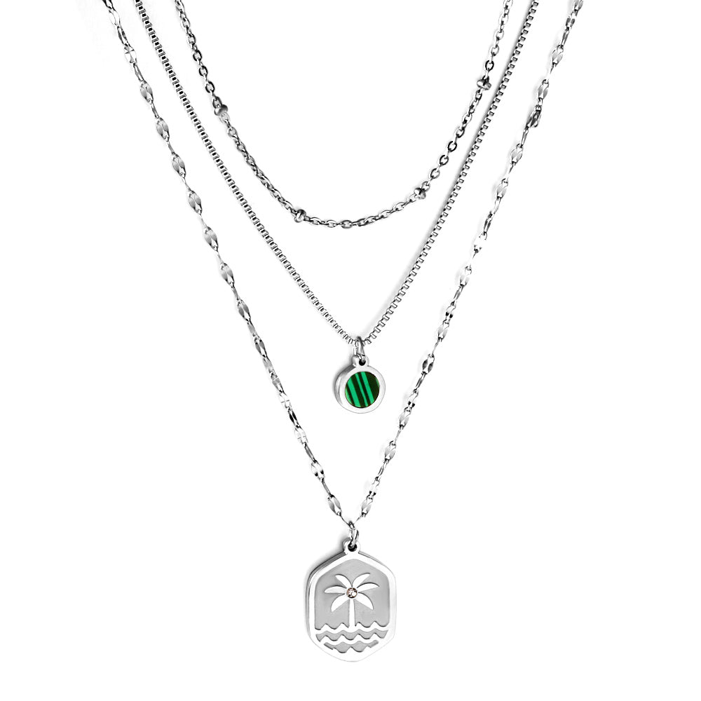 Enamel Girls Kids Jewelry Stainless Steel Hexagon Coconut Tree Wave Pattern + Diamond With Chain Round Green Shell Accessories + Chain Three Chains Necklace