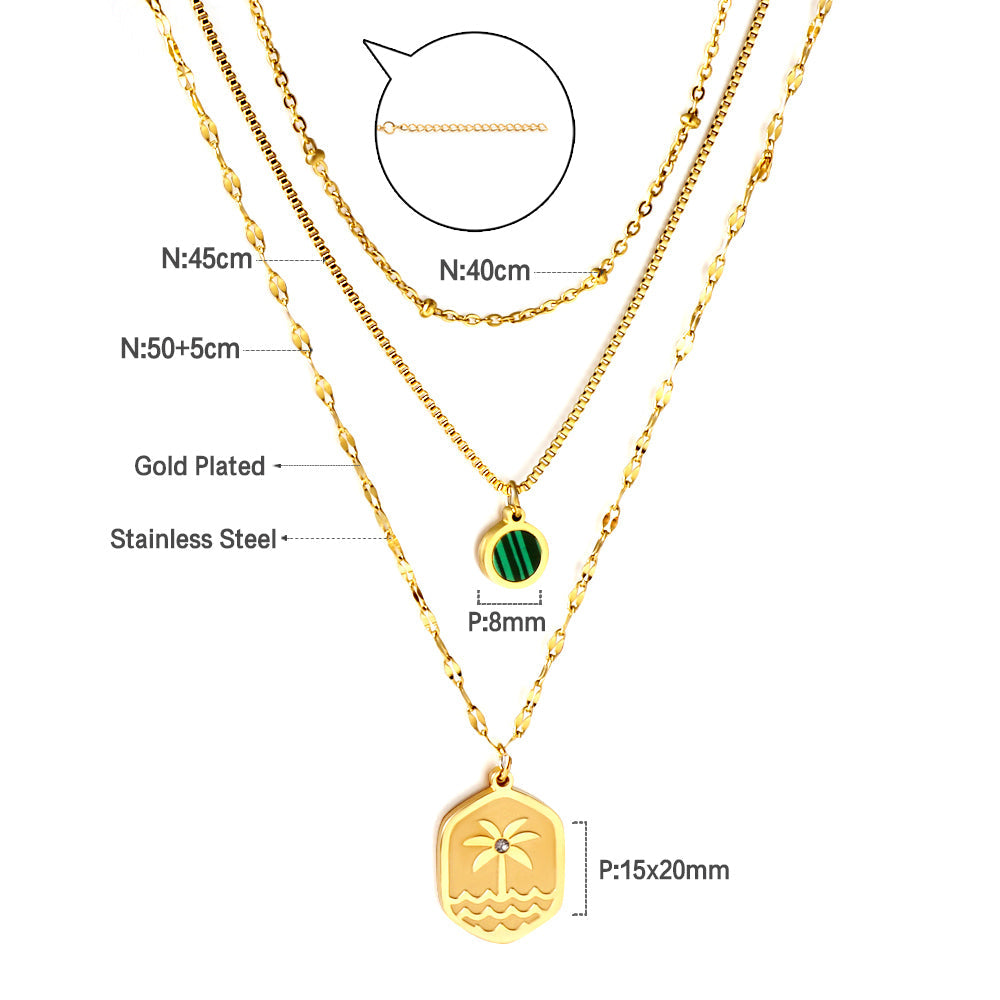 Enamel Girls Kids Jewelry Stainless Steel Hexagon Coconut Tree Wave Pattern + Diamond With Chain Round Green Shell Accessories + Chain Three Chains Necklace