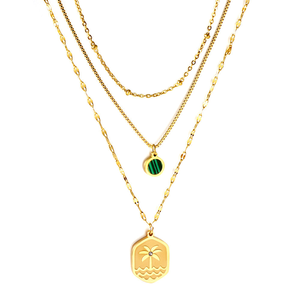 Enamel Girls Kids Jewelry Stainless Steel Hexagon Coconut Tree Wave Pattern + Diamond With Chain Round Green Shell Accessories + Chain Three Chains Necklace