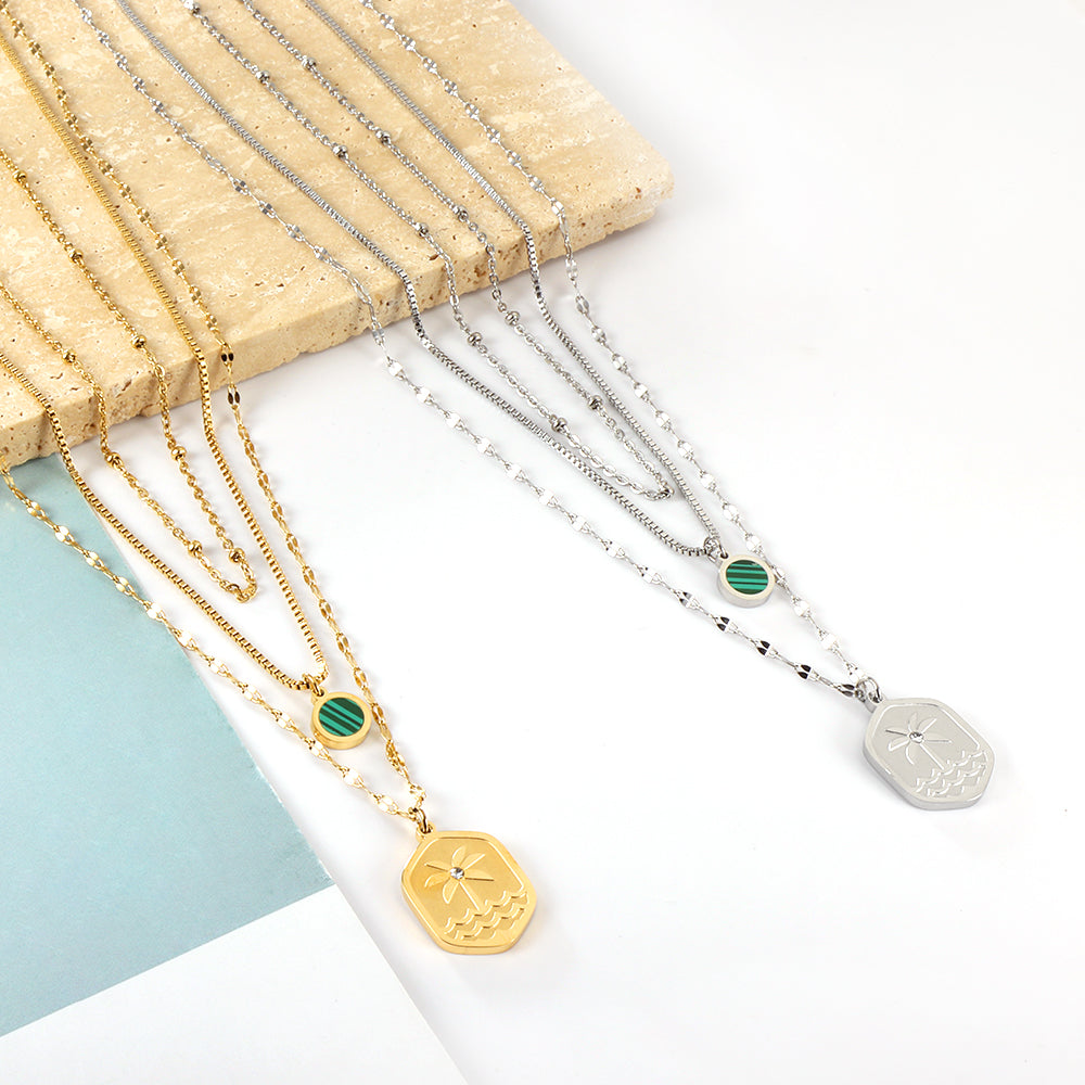 Enamel Girls Kids Jewelry Stainless Steel Hexagon Coconut Tree Wave Pattern + Diamond With Chain Round Green Shell Accessories + Chain Three Chains Necklace