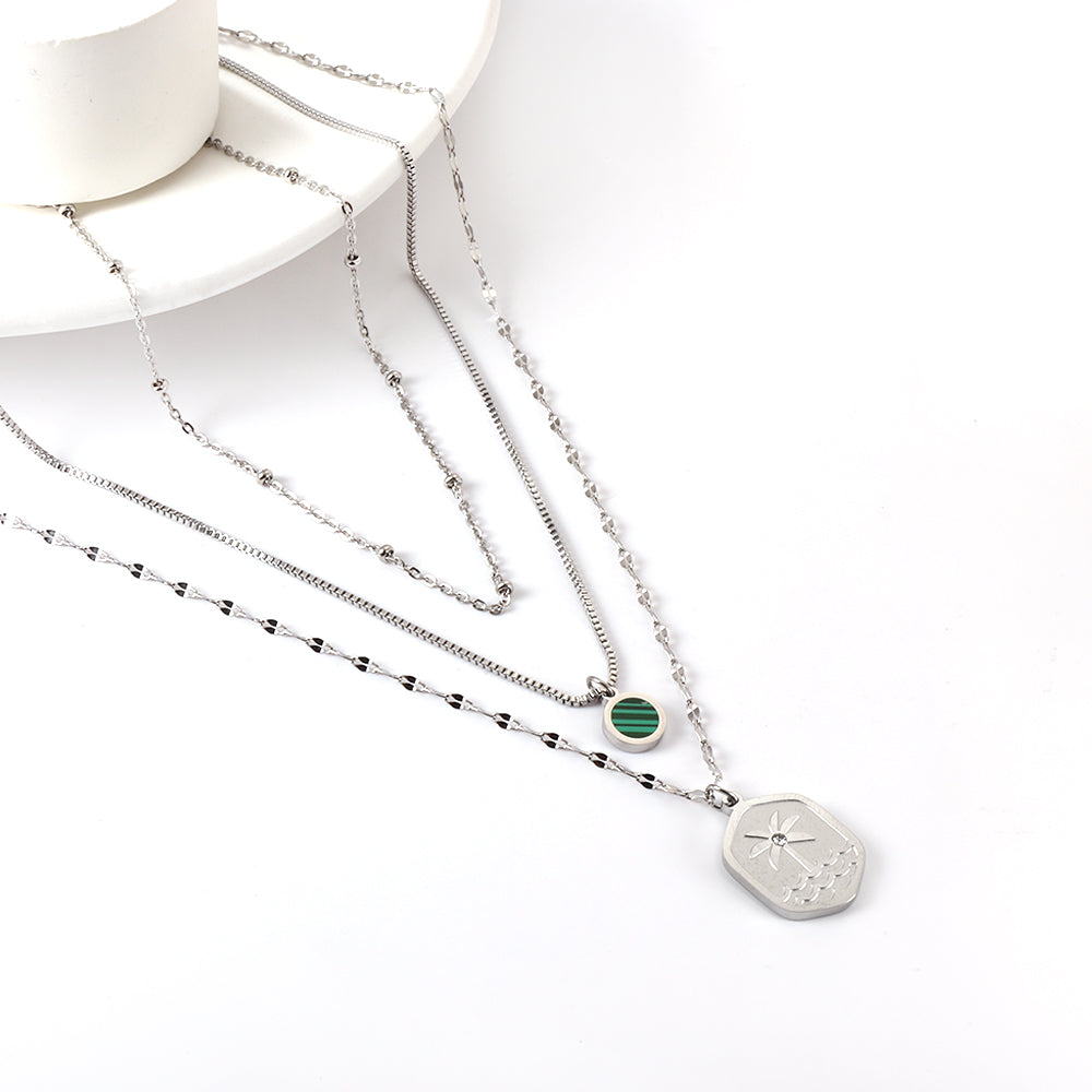 Enamel Girls Kids Jewelry Stainless Steel Hexagon Coconut Tree Wave Pattern + Diamond With Chain Round Green Shell Accessories + Chain Three Chains Necklace
