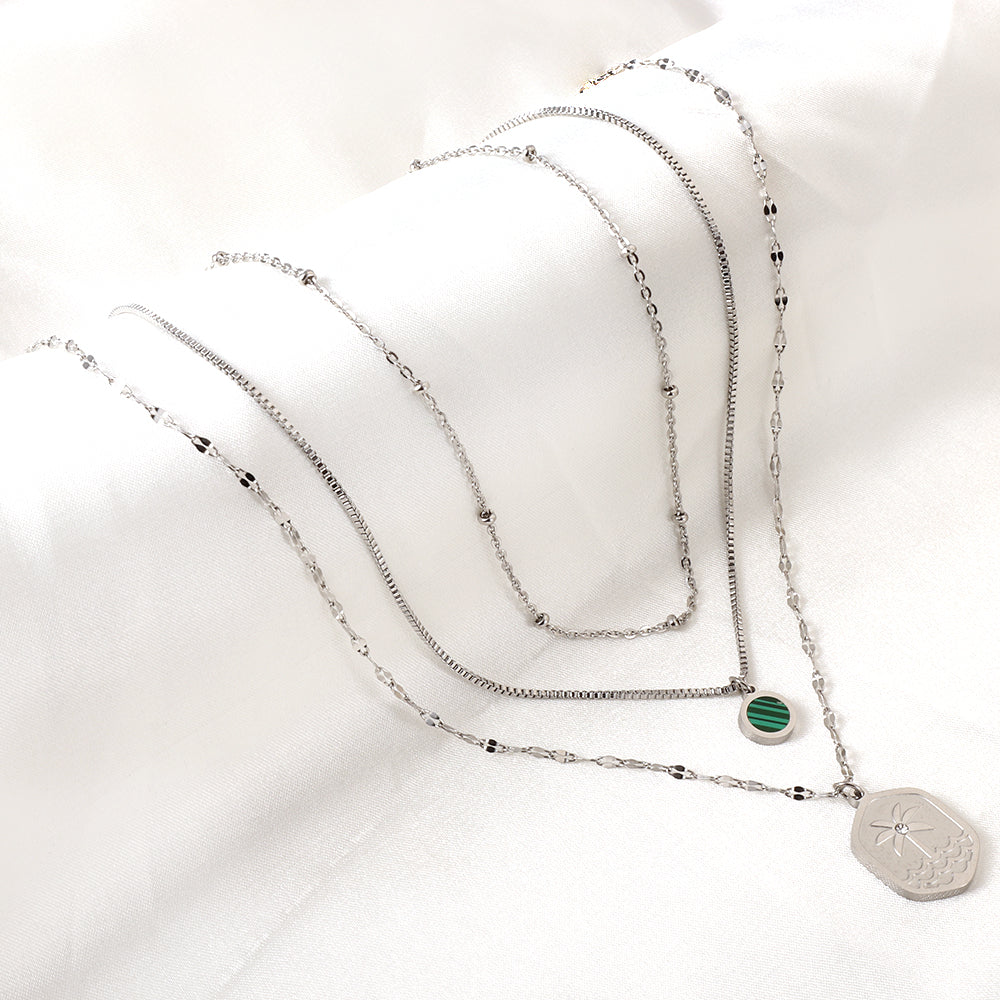 Enamel Girls Kids Jewelry Stainless Steel Hexagon Coconut Tree Wave Pattern + Diamond With Chain Round Green Shell Accessories + Chain Three Chains Necklace