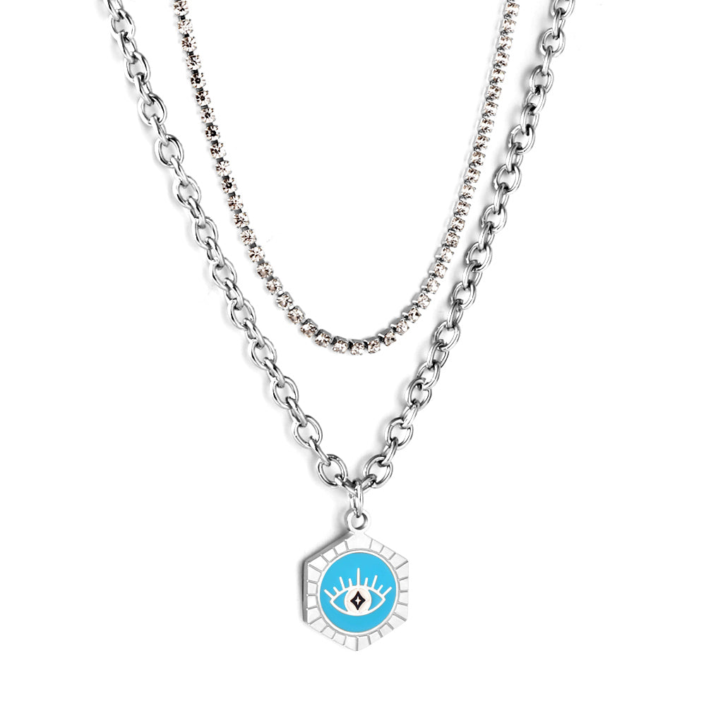 Enamel Girls Kids Jewelry Stainless Steel Hexagon With Blue Drop Oil Eye Accessories + White Diamond With Chain Double Chain Necklace