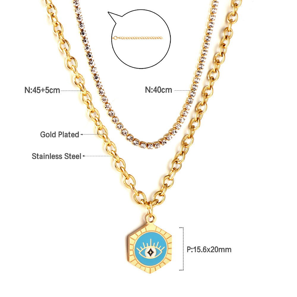 Enamel Girls Kids Jewelry Stainless Steel Hexagon With Blue Drop Oil Eye Accessories + White Diamond With Chain Double Chain Necklace