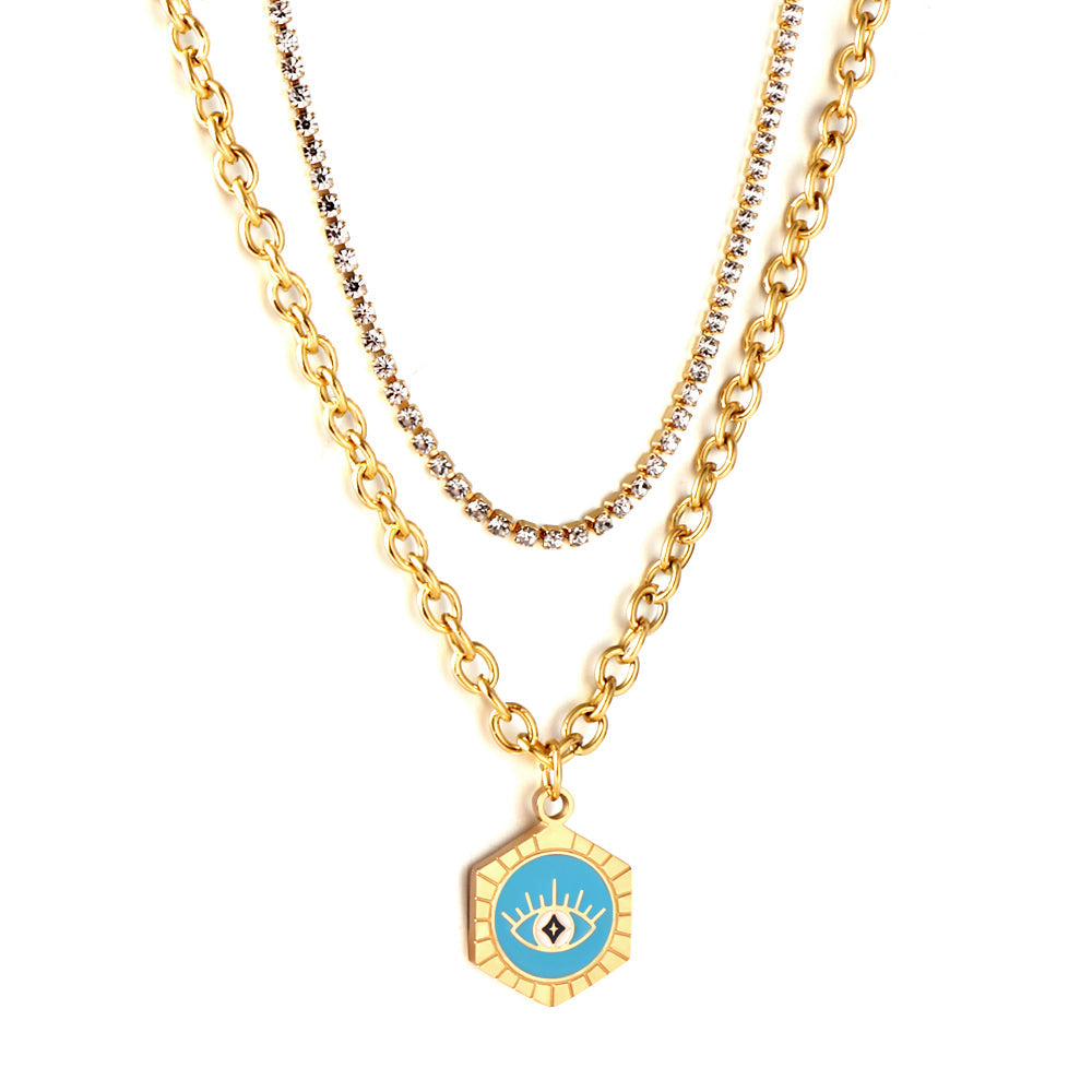 Enamel Girls Kids Jewelry Stainless Steel Hexagon With Blue Drop Oil Eye Accessories + White Diamond With Chain Double Chain Necklace