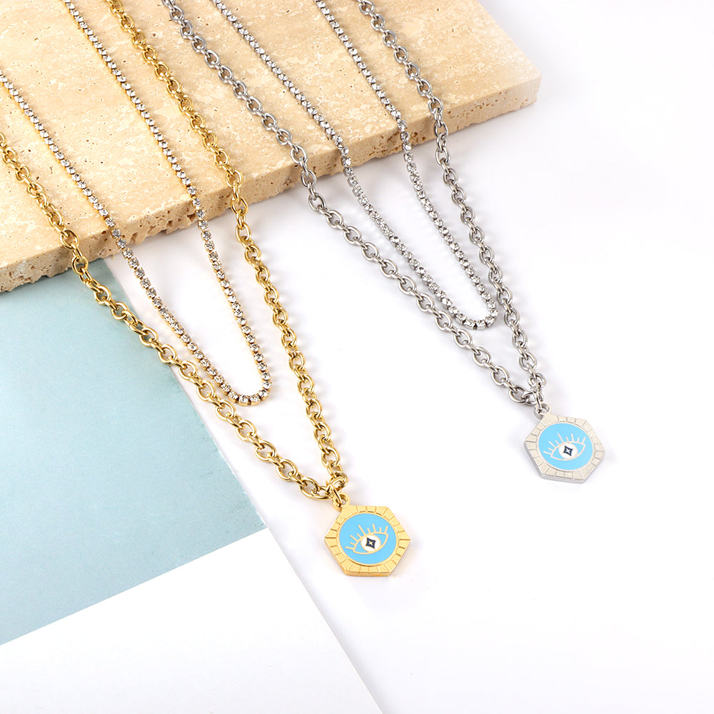 Enamel Girls Kids Jewelry Stainless Steel Hexagon With Blue Drop Oil Eye Accessories + White Diamond With Chain Double Chain Necklace