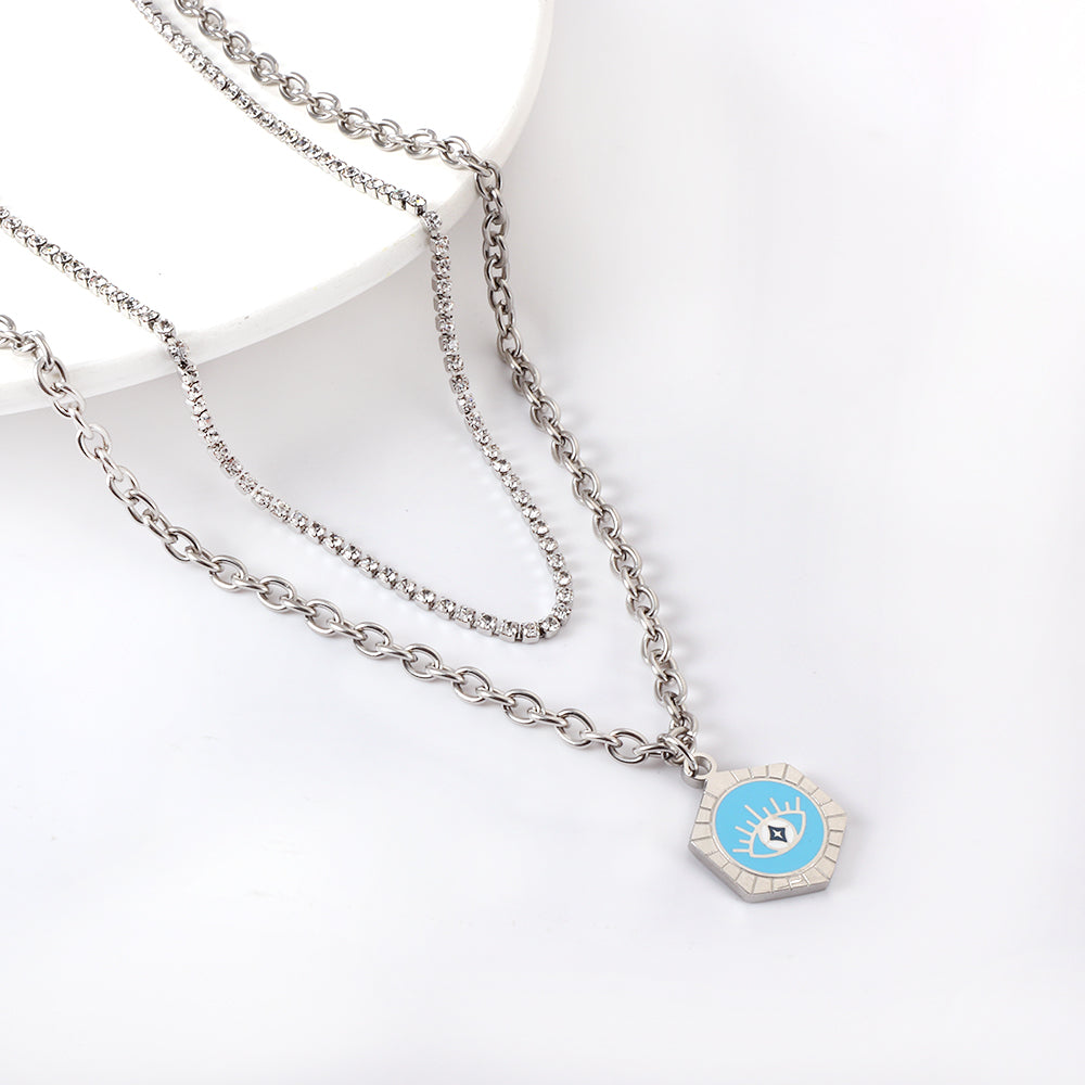 Enamel Girls Kids Jewelry Stainless Steel Hexagon With Blue Drop Oil Eye Accessories + White Diamond With Chain Double Chain Necklace