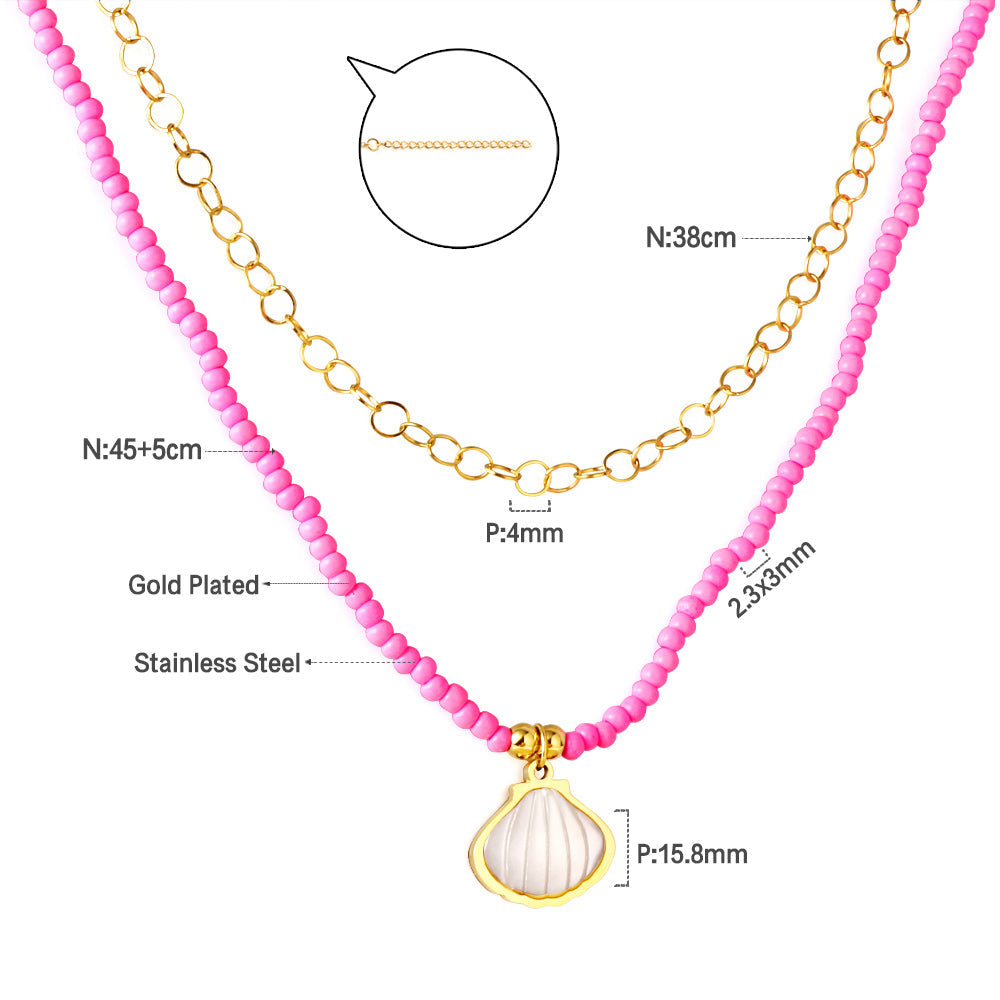 Girls Kids Stainless Steel Shell Accessories + Pink Beads Double Chain Necklace
