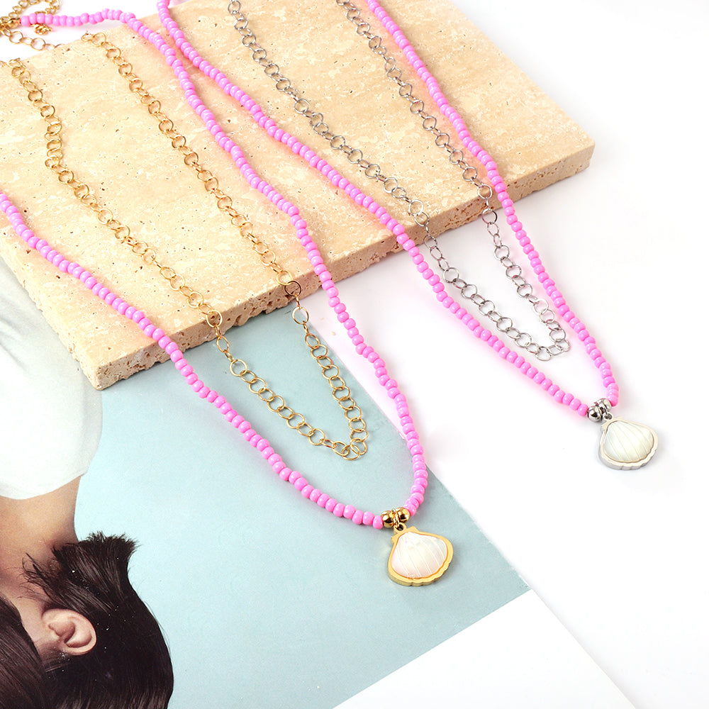 Girls Kids Stainless Steel Shell Accessories + Pink Beads Double Chain Necklace