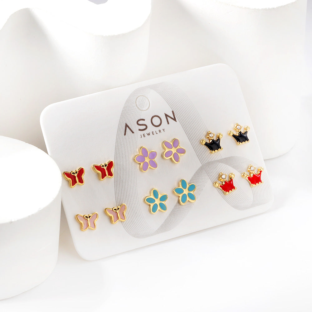 Six Pairs Mixed Card Cut Butterfly / Crown / Flower Stud Earrings Goldtone
