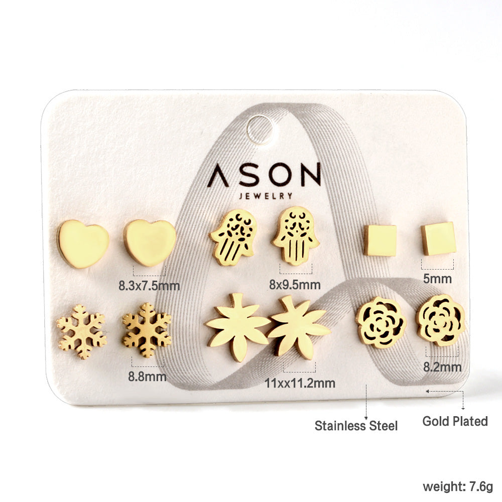 Six pairs of Mixed Card Cut Heart / Snowflake Stud Earrings gold color
