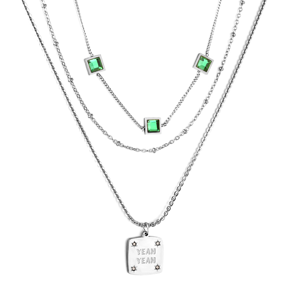 Girls Jewelry Stainless Steel Square Letter Accessories + Chain + 3 Square Green Diamond Three Chains Necklace