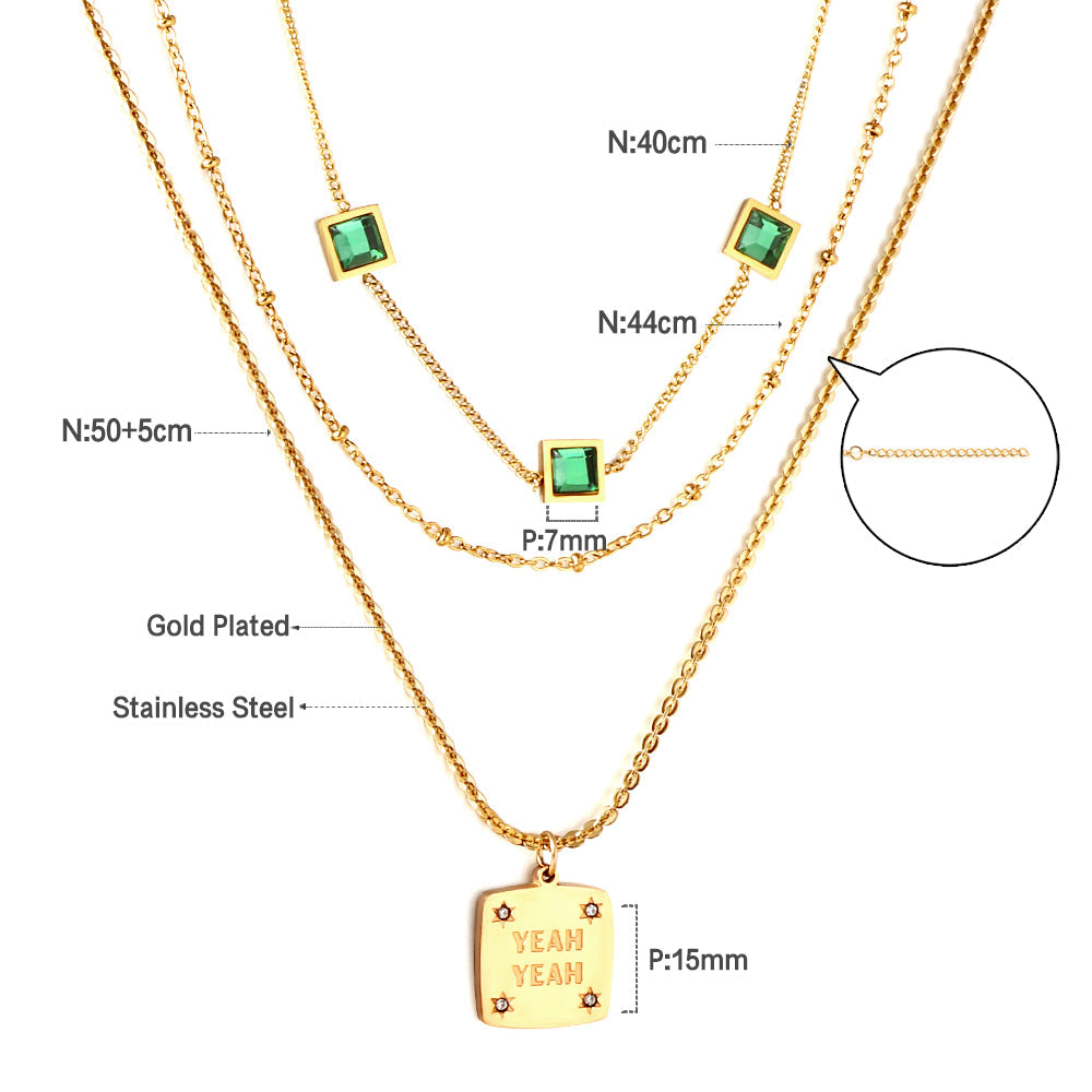 Girls Jewelry Stainless Steel Square Letter Accessories + Chain + 3 Square Green Diamond Three Chains Necklace