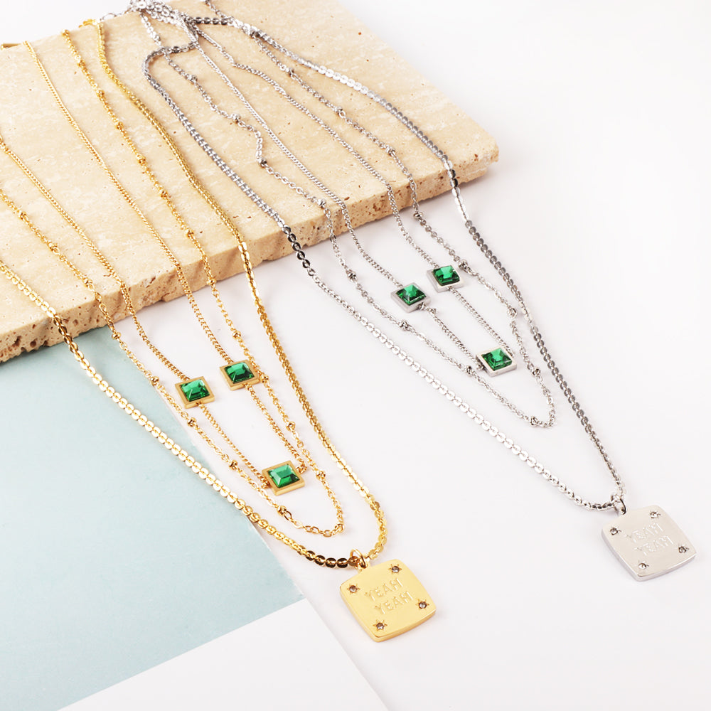 Girls Jewelry Stainless Steel Square Letter Accessories + Chain + 3 Square Green Diamond Three Chains Necklace