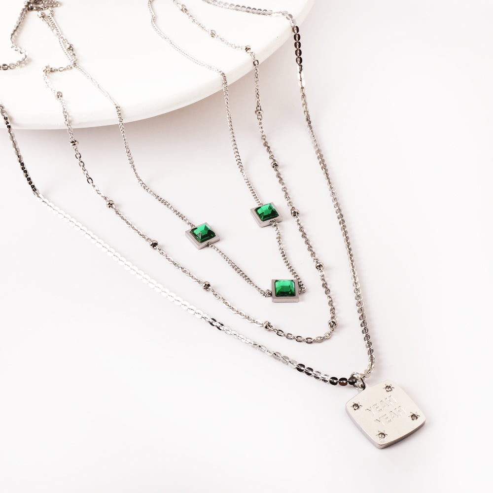 Girls Jewelry Stainless Steel Square Letter Accessories + Chain + 3 Square Green Diamond Three Chains Necklace