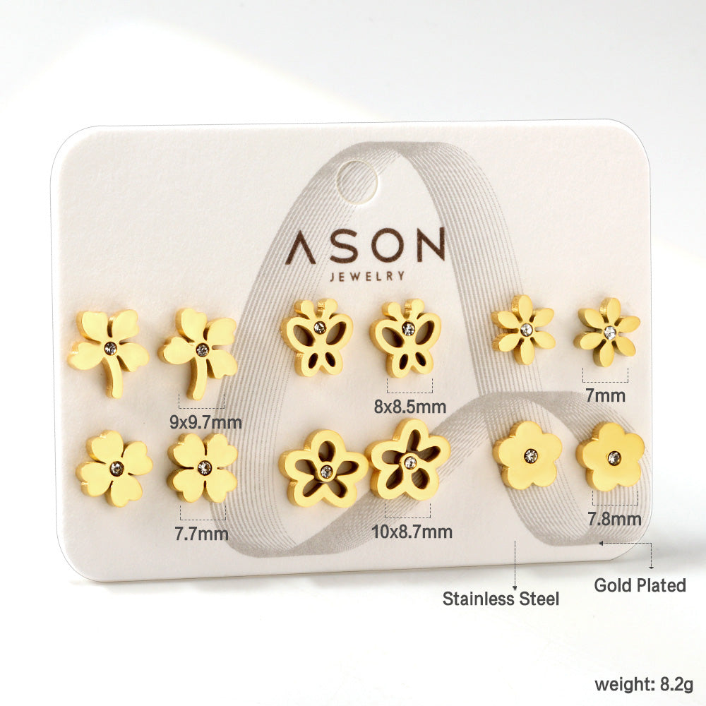 Six Pairs Mixed Card Cut Butterfly / Flower Stud Earrings Goldtone
