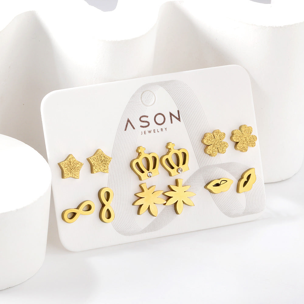 Six pairs of mixed card mounted cut-out frosted crown / lips stud earrings gold color
