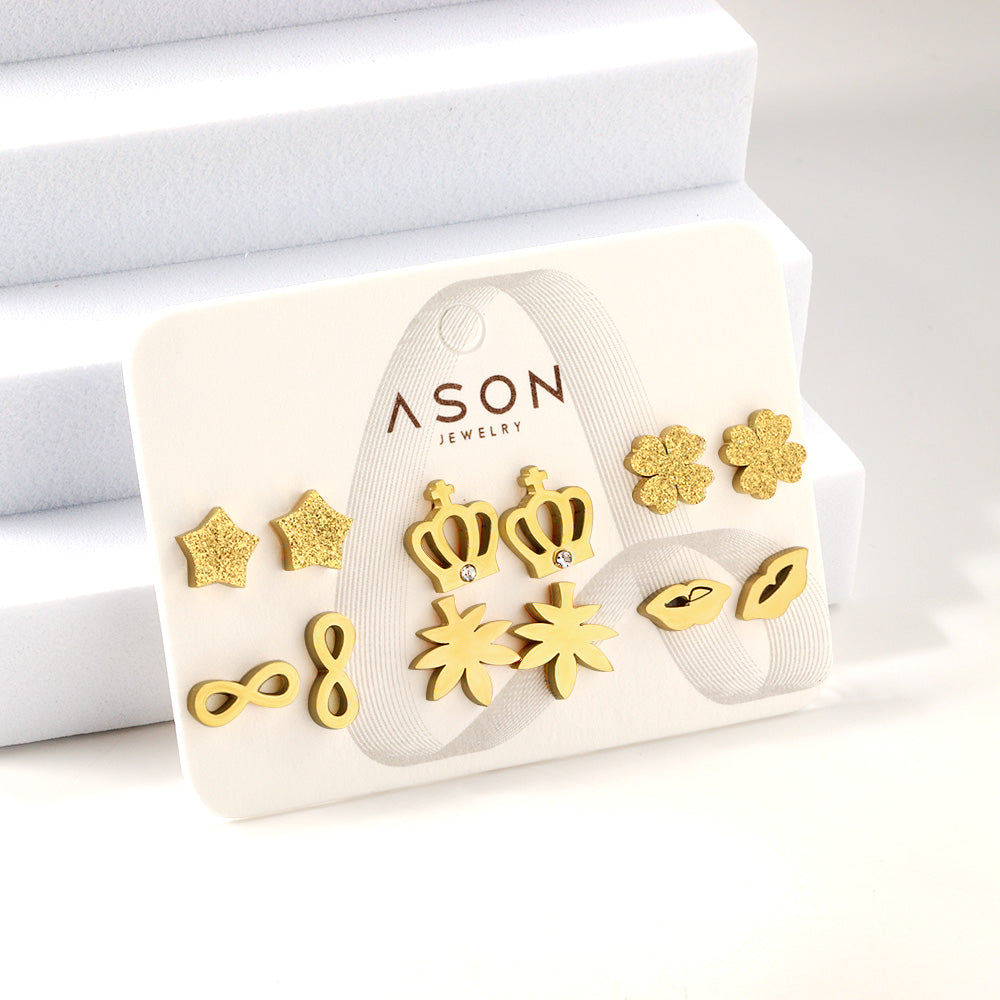 Six pairs of mixed card mounted cut-out frosted crown / lips stud earrings gold color