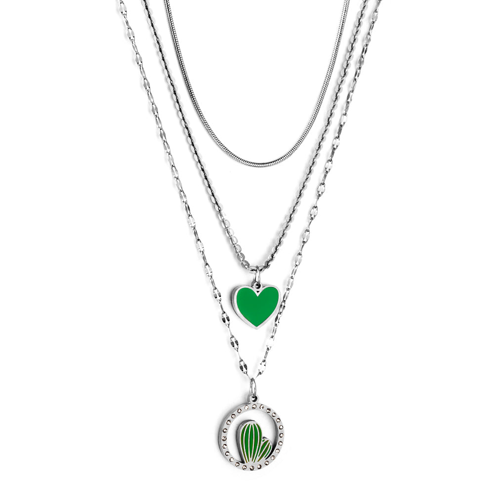 Enamel Girls Kids jewelry Stainless Steel Green Heart-shaped Accessories + Circle With Diamonds + Green Cactus Three Chain Necklace