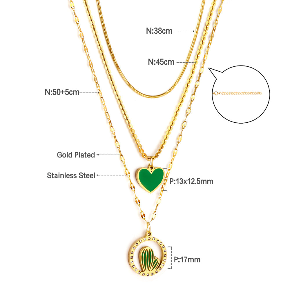 Enamel Girls Kids jewelry Stainless Steel Green Heart-shaped Accessories + Circle With Diamonds + Green Cactus Three Chain Necklace