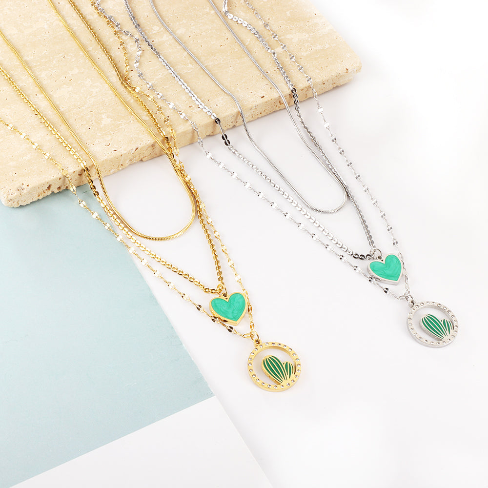 Enamel Girls Kids jewelry Stainless Steel Green Heart-shaped Accessories + Circle With Diamonds + Green Cactus Three Chain Necklace