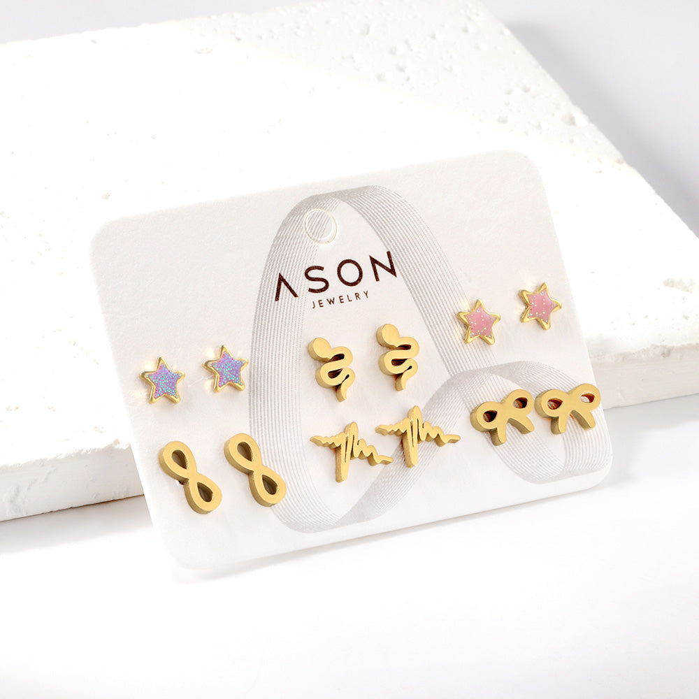 Six Pairs Mixed Snapback Cutout Current / Starfish Stud Earrings Gold