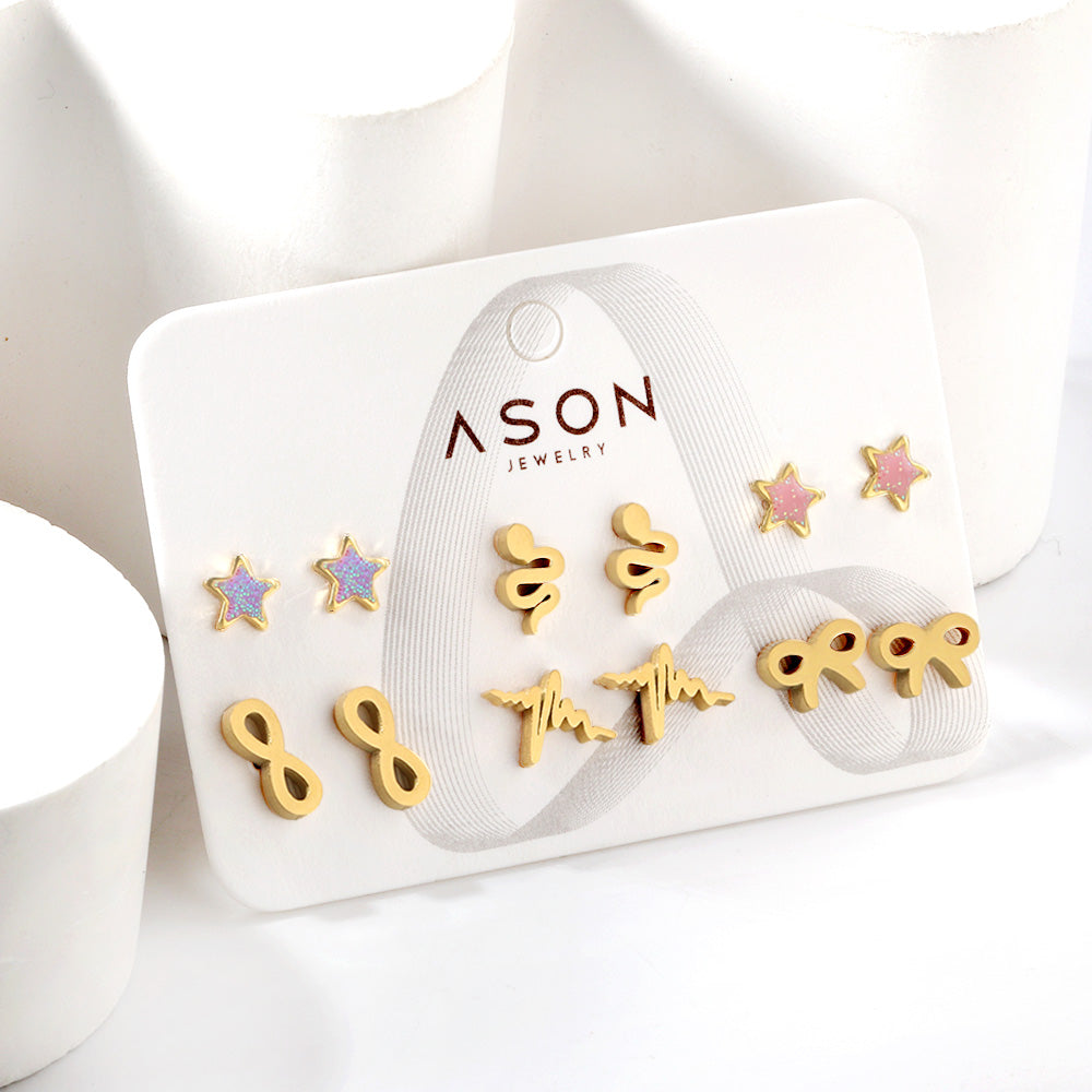 Six Pairs Mixed Snapback Cutout Current / Starfish Stud Earrings Gold