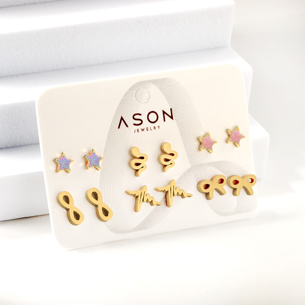 Six Pairs Mixed Snapback Cutout Current / Starfish Stud Earrings Gold