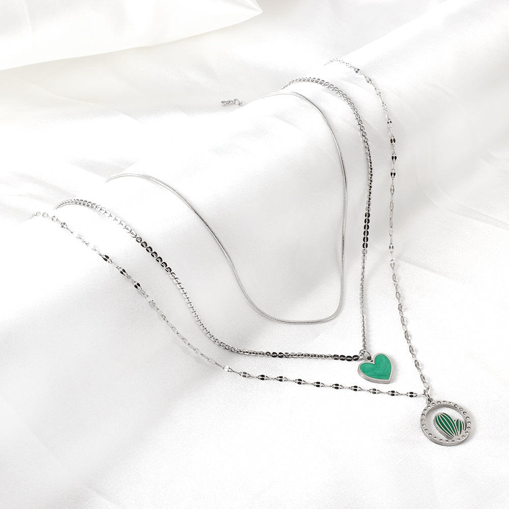 Enamel Girls Kids jewelry Stainless Steel Green Heart-shaped Accessories + Circle With Diamonds + Green Cactus Three Chain Necklace